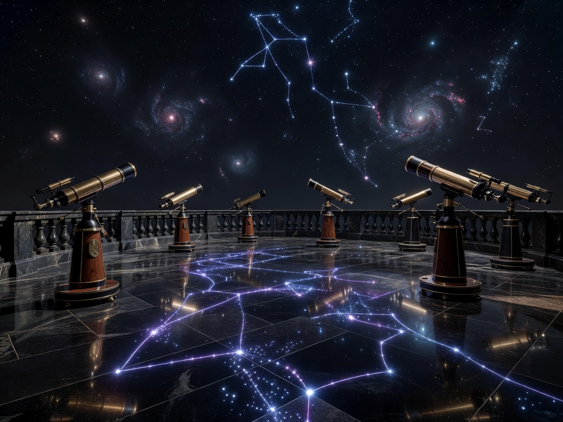 Elegant observatory terrace at night with premium telescopes, glowing constellations, distant galaxies, polished stone floors and luxurious astronomical atmosphere.
