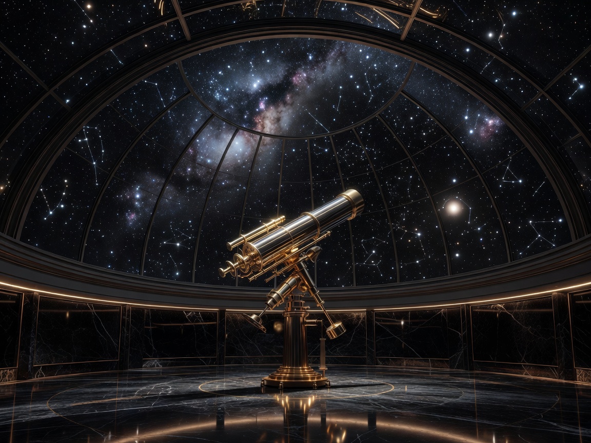 Luxury astronomical observatory beneath a glass dome overlooking a breathtaking night sky filled with constellations, elegant architecture, black marble floors and golden telescope equipment.
