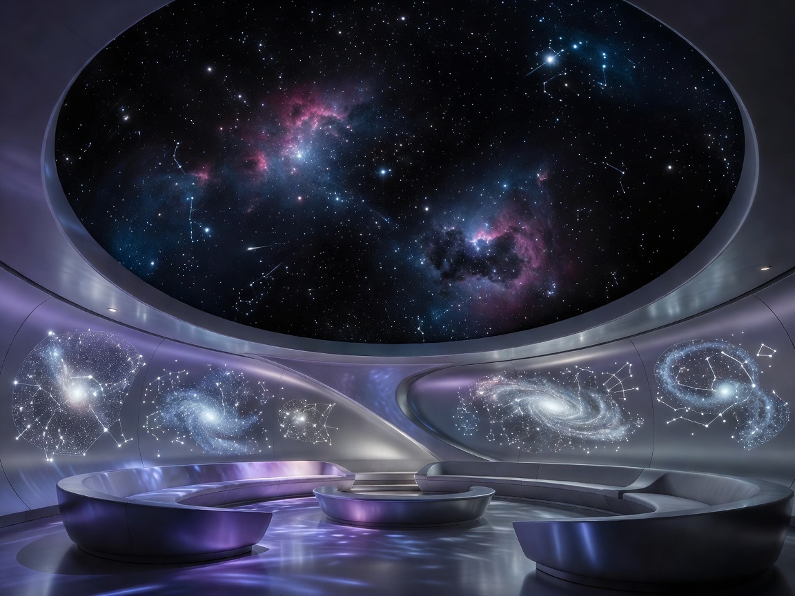 Modern planetarium interior featuring celestial projections, illuminated star maps, moon silver architecture, cosmic lighting and sophisticated scientific design.